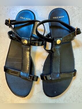 Cole Haan Black Leather T-Strap Sandals with Gold Accent